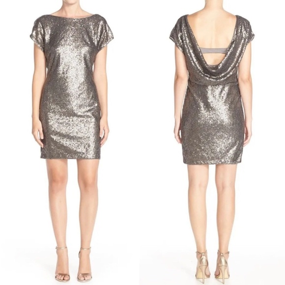 NWT! Vera Wang Cowl‎ Back Sequin Sheath Dress Pewter [SZ 12 ]